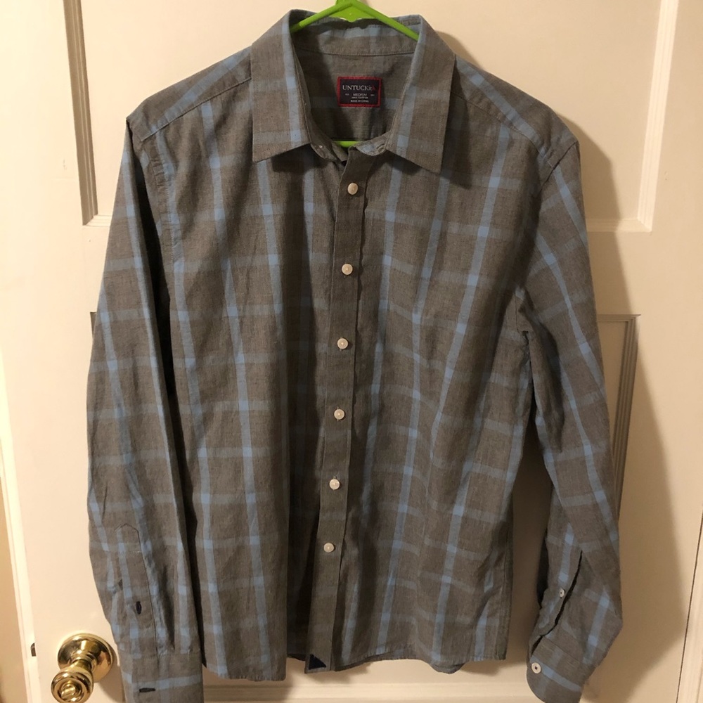 Untuckit grey blue plaid button down